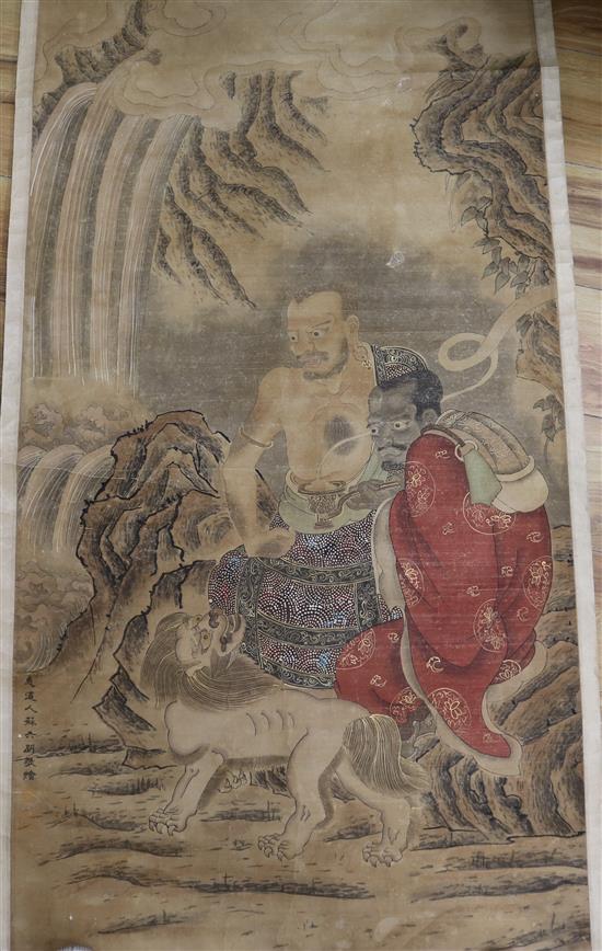 Chinese School, ink and watercolour on paper, Figures beside a waterfall, 126 x 64cm, unframed